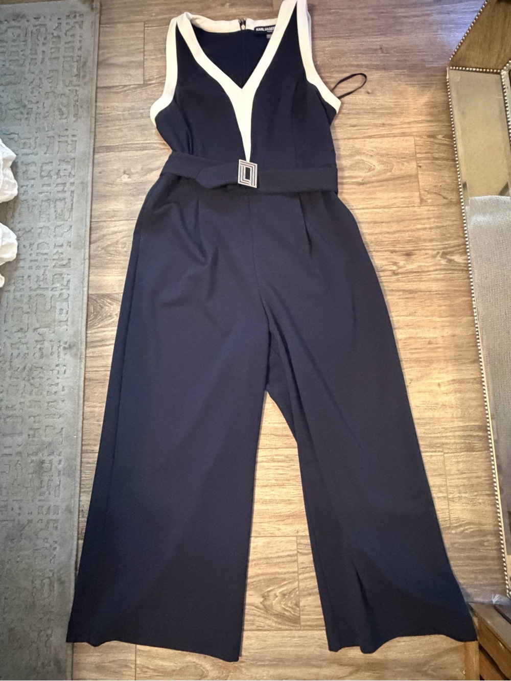 Karl Lagerfeld Navy Jumpsuit with Ivory Trim and Buckle Belt